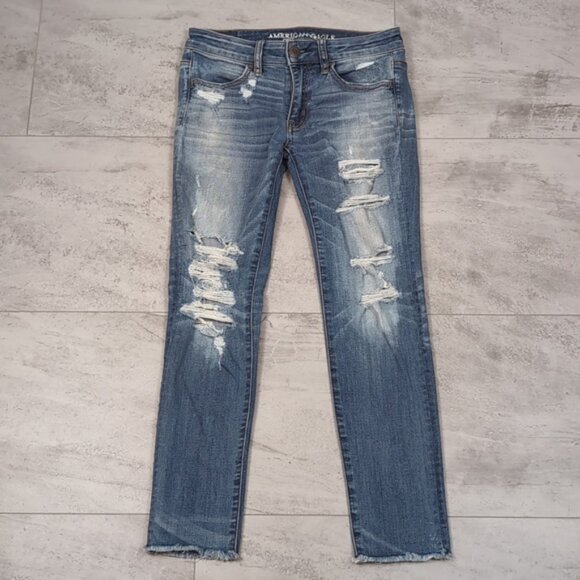AEO Distressed Jegging Crop Denim Cafe Jeans Destroyed Ripped Super Stretch - Picture 14 of 14